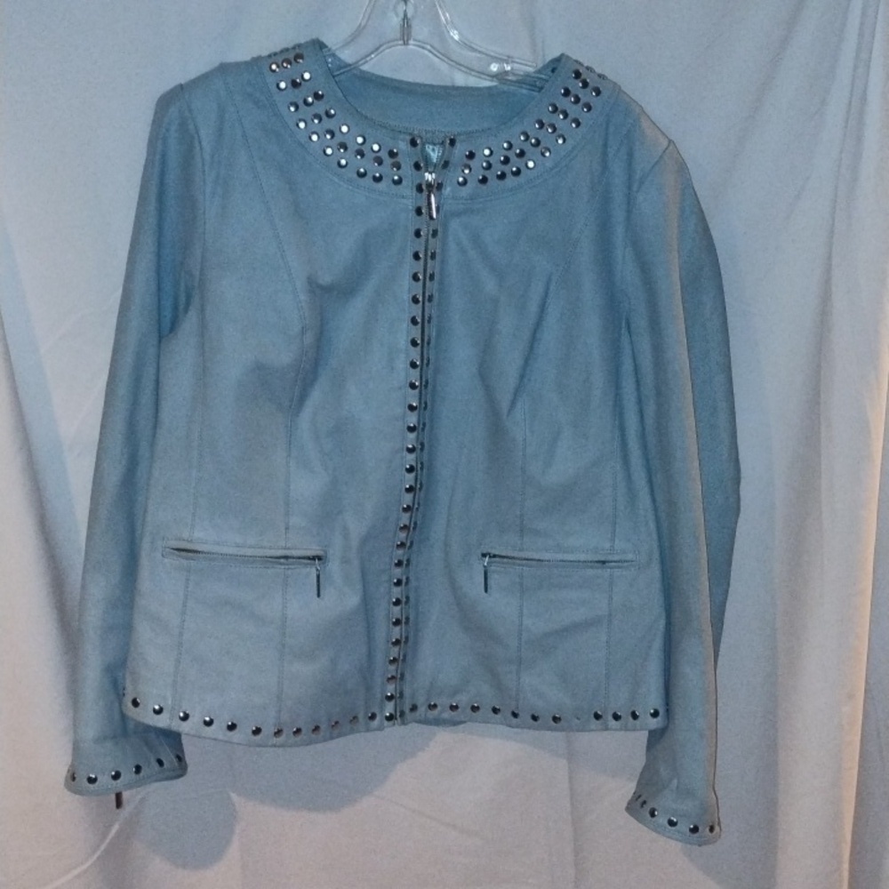 Bradley light blue leather jacket with silver stud trim size L